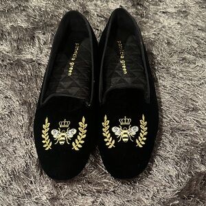 Patricia Green Black Loafers with Gold and White Bee Embroidery